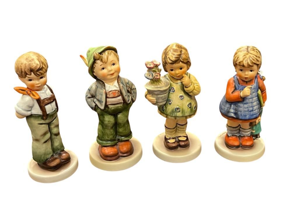 FOUR SIGNED GOEBEL HUMMEL M.I. HUMMEL CLUB EXCLUSIVE EDITION FIGURINES: INCLUDING I WONDER # 486, MY WISH IS SMALL # 463/10, HELLO WORLD # 429, AND I DIDN'T DO IT # 626, ALL SIGNED BY ARTIST AND HALLMARKED 5 1/2" H