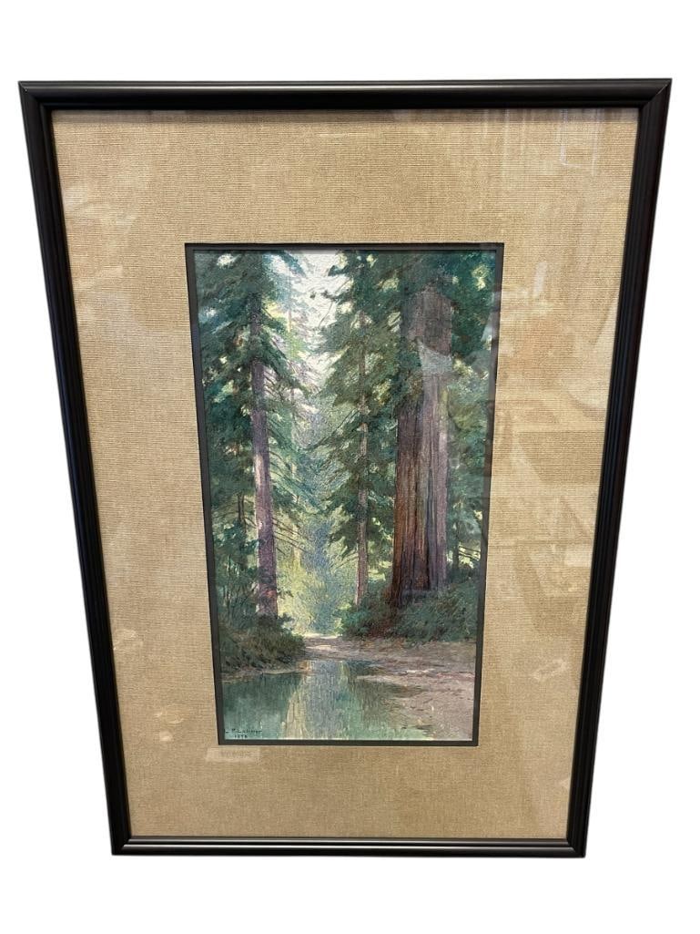 LORENZO P. LATIMER PROLIFIC CALIFORNIA ARTIST ORIGINAL WATERCOLOR ON PAPER FOREST SCENE DATED 1898 (1 of 9)