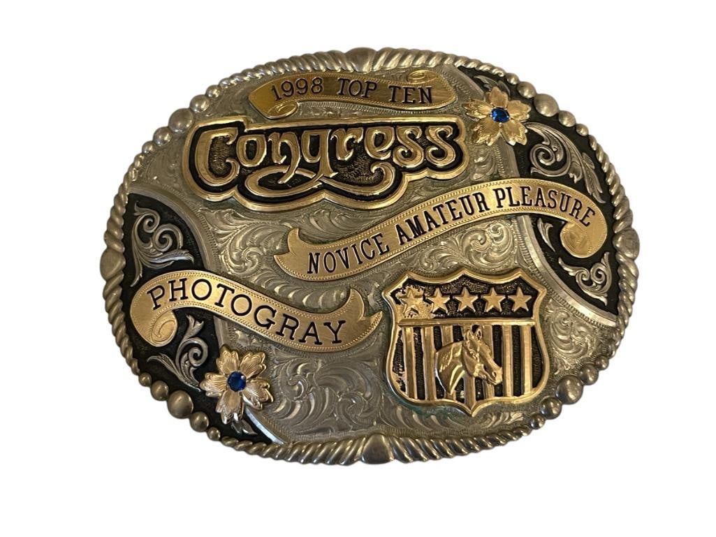GIST INC. STERLING SILVER OVERLAY 1998 CONGRESS NOVICE AMATEUR PLEASURE PHOTOGRAY ENGRAVED BUCKLE (1 of 7)