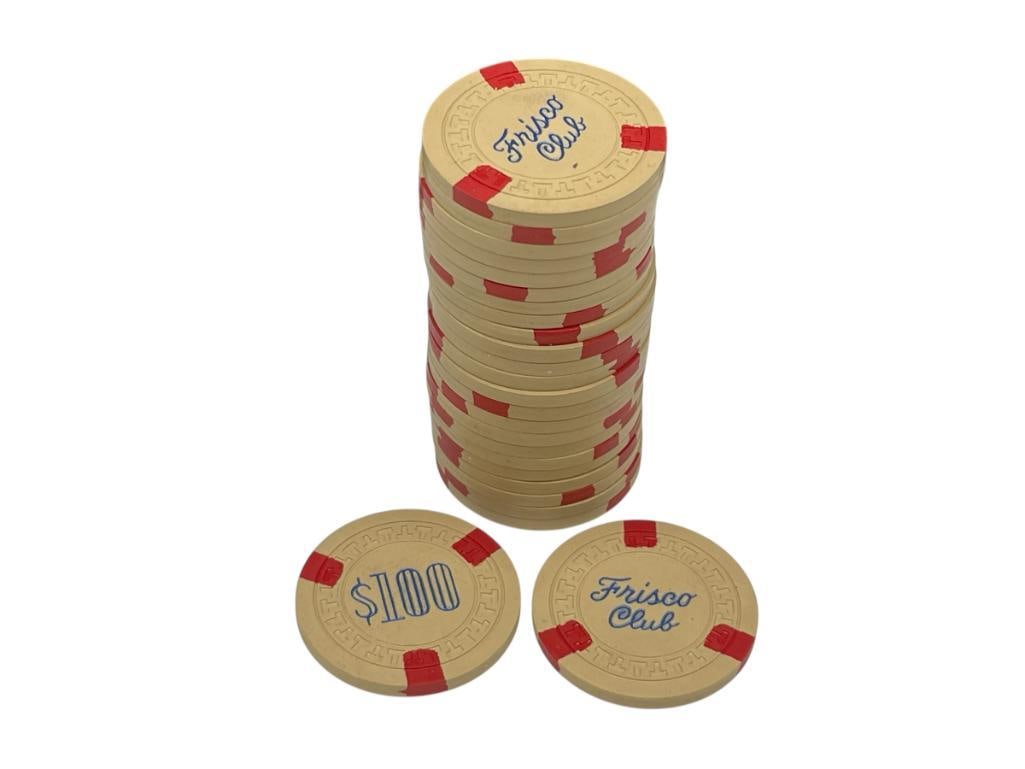 25 TOTAL 1950'S RENO, NEVADA FRISCO CLUB CASINO $100 CASINO CHIPS (1 of 7)
