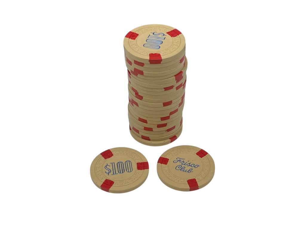 25 TOTAL 1950'S RENO, NEVADA FRISCO CLUB CASINO $100 CASINO CHIPS: FEATURING BEIGE AND RED T-DESIGN BY TAYLOR-MADE