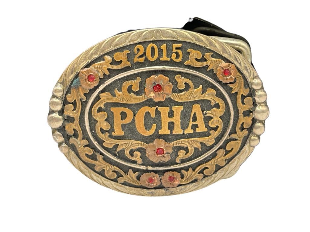 2015 PCHA PACIFIC COAST HORSE RACES ASSOCIATION STERLING SILVER LADIES BELT BUCKLE BY KATHY'S: FEATURING TWO TONE DESIGN WITH SYNTHETIC RED STONES 2 3/4", 64.70 GRAMS