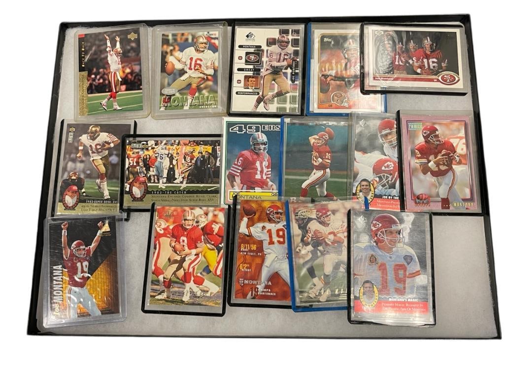 1980'S - 1990'S JOE MONTANA S.F. 49ERS FOOTBALL NFL PLAYER SPORT CARDS: 16 CARDS TOTAL, ALL IN PROTECTIVE SLEEVES