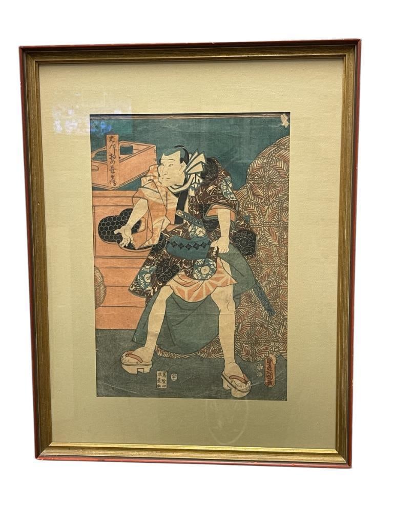 KUNISADA / UTAGAWA TOYOKUNI III JAPANESE UKIYO-E ARTIST WOODBLOCK PRINT EDO PERIOD CIRCA 1603-1868: KUNISADA(1786-1865) WAS CONSIDERED THE MOST POPULAR AND PROLIFIC COMMERCIALLY SUCCESSFUL DESIGNER OF UKIYO-E WOODBLOCK PRINTS OF THE 19TH CENTURY, EDO PERIOD, ART DEPICTS KABUKI, FRAMED 15 3/4" X 21 1