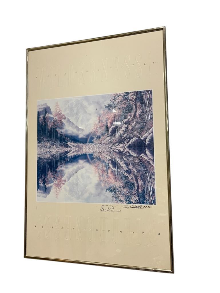 BEV DOOLITTLE WILDLIFE AND NATIVE AMERICAN ARTIST EMBOSSED PRINT WILDERNESS: DATED 1993, SIGNED LOWER RIGHT WITH ILLUSTRATION, PRINT IS SUN DAMAGED, FRAMED 20" X 30 1/4"