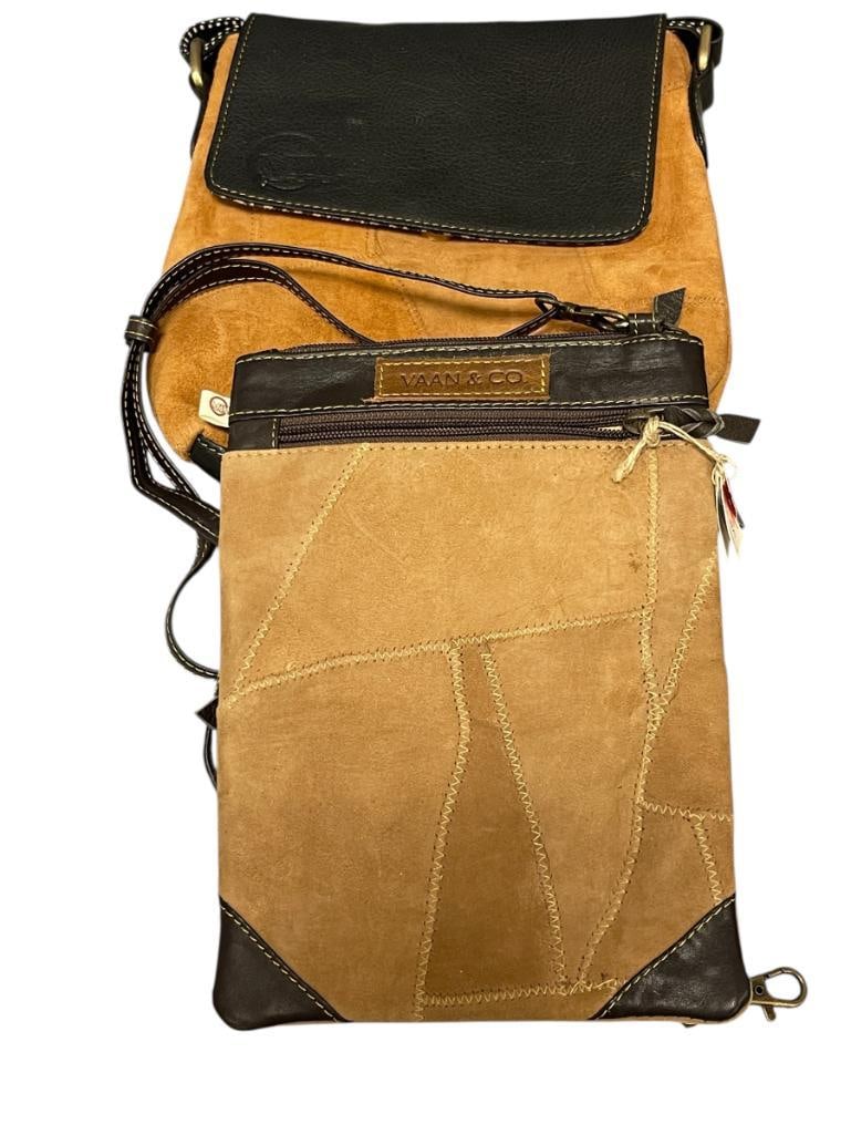 VAAN & CO. GENUINE LEATHER DESIGNER SHOULDER BAGS STITCHED DESIGN NEW WITH TAGS: BROWN LEATHER BAGS WITH BLACK AND DARK BROWN LEATHER TRIM, STYLE NO. VB-1290 AND VB-190 6 1/2" X 9" AND 8 5/8" X 9"