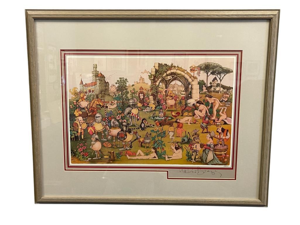 CHARLES BRAGG AMERICAN ARTIST LITHOGRAPH TITLED CAMELOT: CHARLES BRAGG (1931-2017) AMERICAN ARTIST LITHOGRAPH, ART DEPICTS SATIRICAL ILLUSTRATION BASED IN MEDIEVAL TIMES OF KNIGHTS, PLAYFUL NUDE MEN AND WOMEN WITH CASTLE IN THE BACKGROUND, SIGNED LOWER RIGH