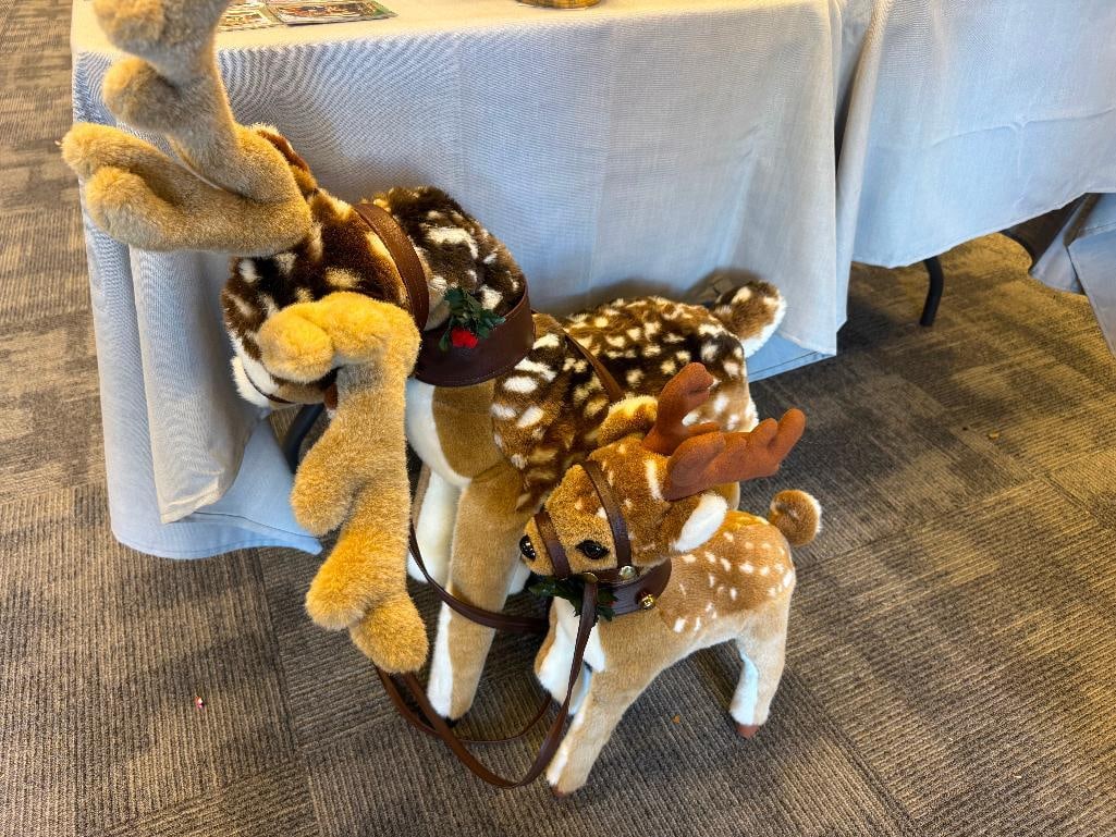 SANTA'S BEST HOLIDAY ANIMATED STUFFED REINDEER AND CALF: POWER CORDS NOT INCLUDED, GOOD CONDITION OTHERWISE, BOTH FEATURE JINGLE BELL COLLARS LARGEST IS 35"