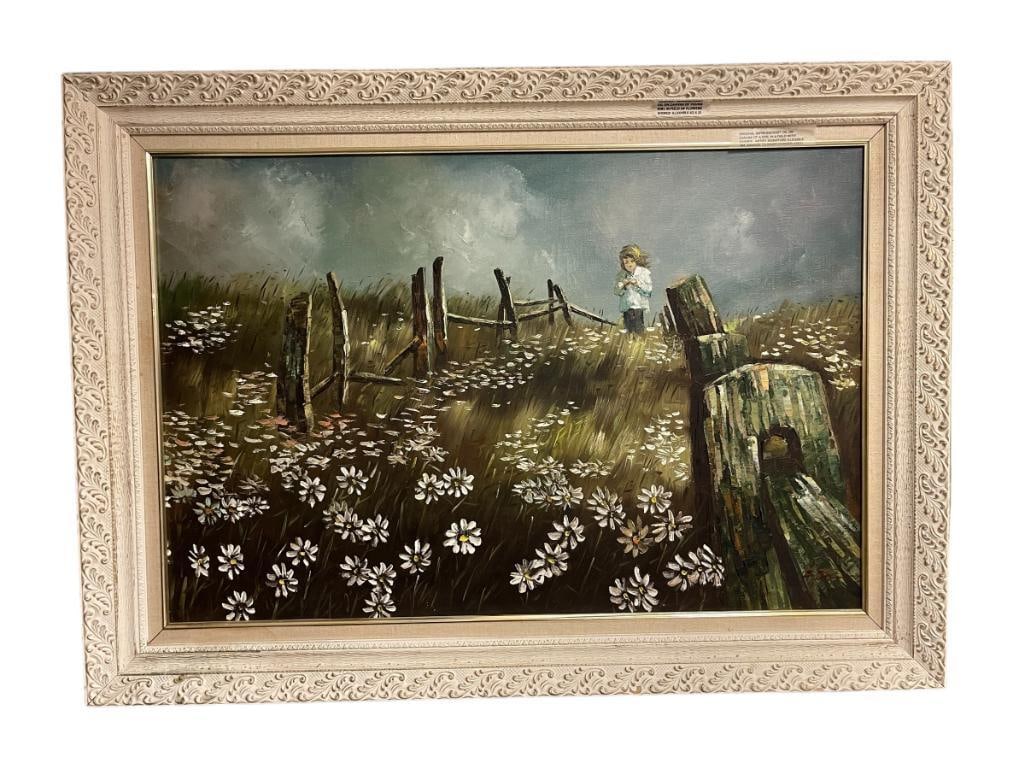 ORIGINAL OIL ON CANVAS IMPRESSIONIST PAINTING OF A GIRL IN A FIELD WITH DAISIES: SIGNATURE IS ILLEGIBLE, SOME DAMAGE TO INNER CORNER, SIGNED BY ARTIST IN LOWER RIGHT 43" X 31"