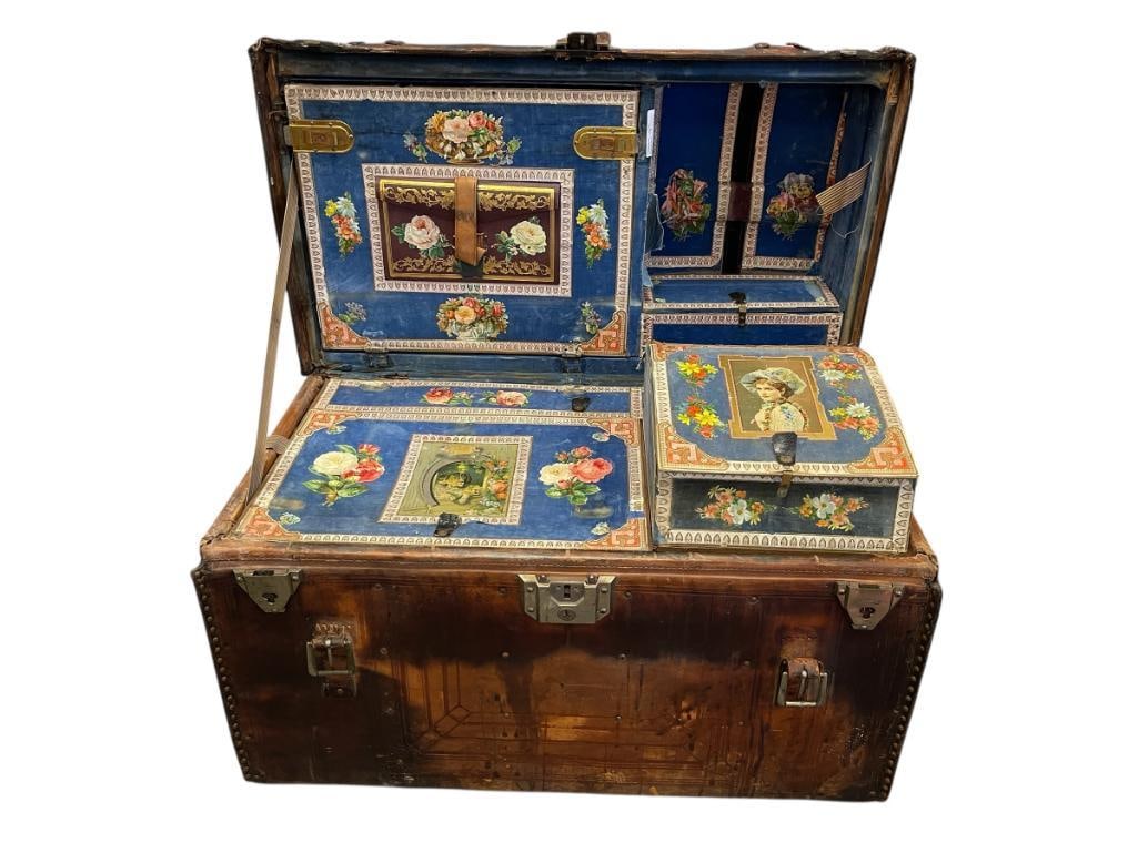 19TH CENTURY TOOLED LEATHER WRAPPED HUMPBACK STEAMER / WARDROBE TRUNK FITTED INTERIOR (1 of 20)