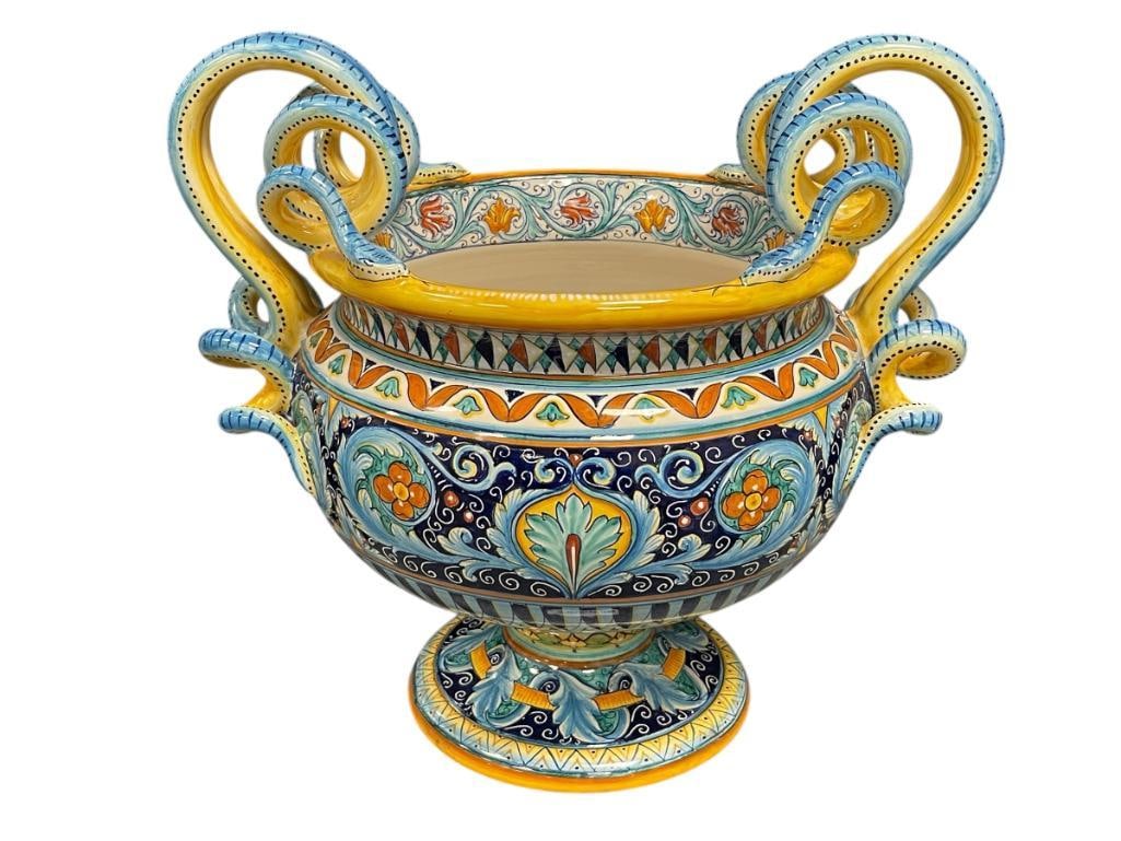 LARGE ITALIAN POTTERY SERPENTINE MAJOLICA CENTERPIECE JARDINIERE WITH VIBRANT COLORS (1 of 12)