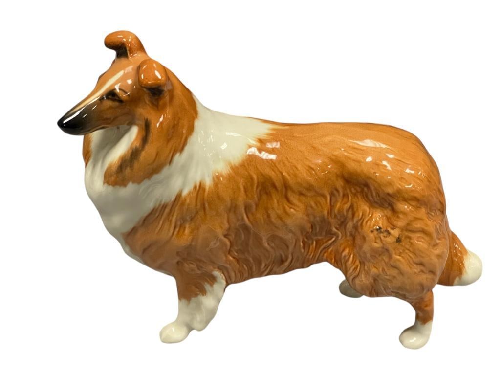 VINTAGE BESWICK ENGLISH POTTERY HAND PAINTED DOG FIGURINE LOCHINVAR OF LADY PARK: LOCHINVAR OF LADY PARK MODEL NO. 1791 MADE BETWEEN 1961-1994, MARKED ON THE BOTTOM, MADE IN ENGLAND, NO DAMAGE OR REPAIRS 7 1/2" L