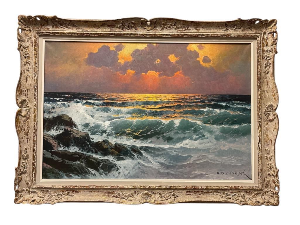 ALEXANDER DZIGURSKI SERBIA / AMERICAN ARTSIT LARGE ORIGINAL OIL ON CANVAS SEASCAPE PAINTING: ALEXANDER DZIGURSKI (1911-1995) SERBIAN / AMERICAN ARTIST BEST KNOWN FOR HIS LANDSCAPES AND SEASCAPES, ART DEPICTS WAVES CRASHING ON ROCKS WITH SUNSET IN THE BACKGROUND, SIGNED LOWER RIGHT, COPYRIGHT