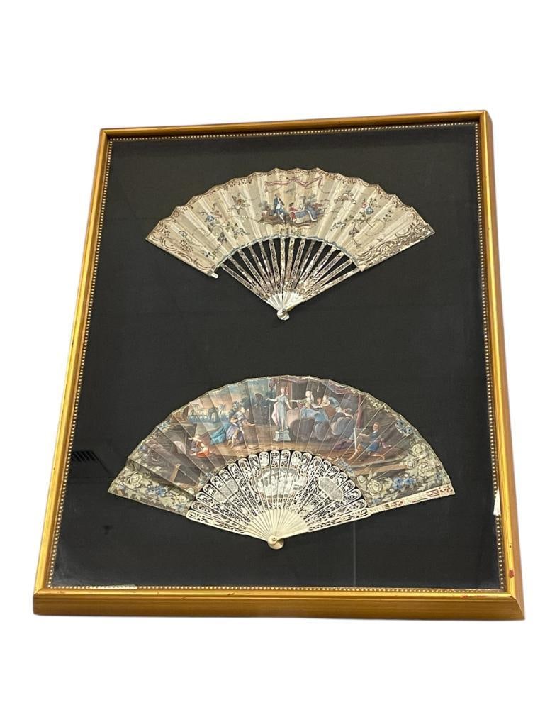 TWO VICTORIAN PERIOD HAND PAINTED AND DECORATED RESIN AND MOTHER OF PEARL HAND FANS (1 of 16)