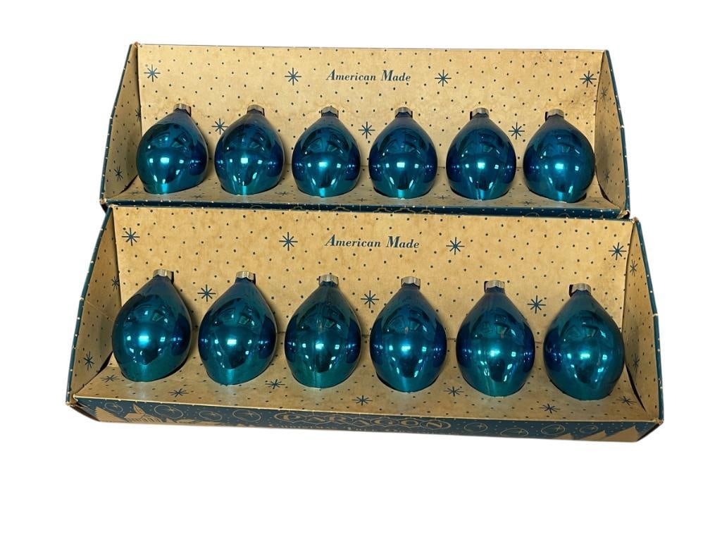 PARAGON GLASS WORKS AQUA VINTAGE GLASS ORNAMENTS SET OF 12 ORNAMENTS: TWO PACKS OF SIX ORNAMENTS IN ORIGINAL PACKAGING 3 3/4" 