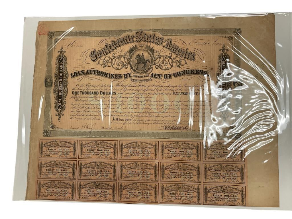 CIVIL WAR ERA 1861-1864 AUTHENTIC CONFEDERATE STATES OF AMERICA BOND NO. 2046 (1 of 10)