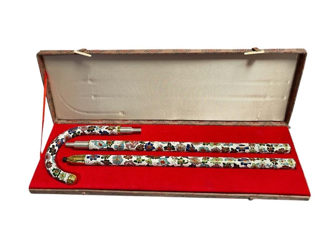 20TH CENTURY CLOISONNE ENAMELED CHINESE THREE-PIECE CANE IN PRESENTATION BOX: TRADITIONAL FLORAL DESIGN WITH BRASS FINISH, APPEARS UNUSED, BUT BRASS FINISH DOES SHOW SOME PITTING 35" L