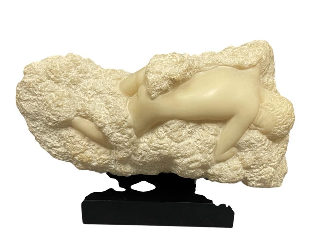 PEGGY MACH ALVA MUSEUM REPLICA RESIN SCULPTURE TITLED CLOUD PHANTASY CIRCA 1972: SCULPTURE DEPICTS MAN IN CLOUD,MOUNTED ON WOOD BASE 15" L, 9" H ON BASE