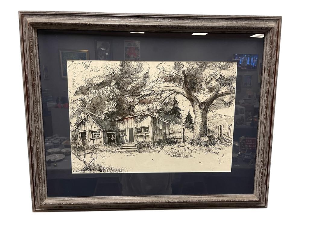 LYLE V. BALL PROLIFIC RENO, NEVADA ARTIST ORIGINAL WATERCOLOR ON PAPER: LYLE V. BALL (1909-1992) RENO, NEVADA BORN ARTIST FOUNDER OF THE BALL SIGN COMPANY, BLACK AND WHITE WATERCOLOR DEPICTS OLD BUILDING SURROUNDED BY MATURE TREES, SIGNED LOWER RIGHT, FRAMED 29" X 23" FRA