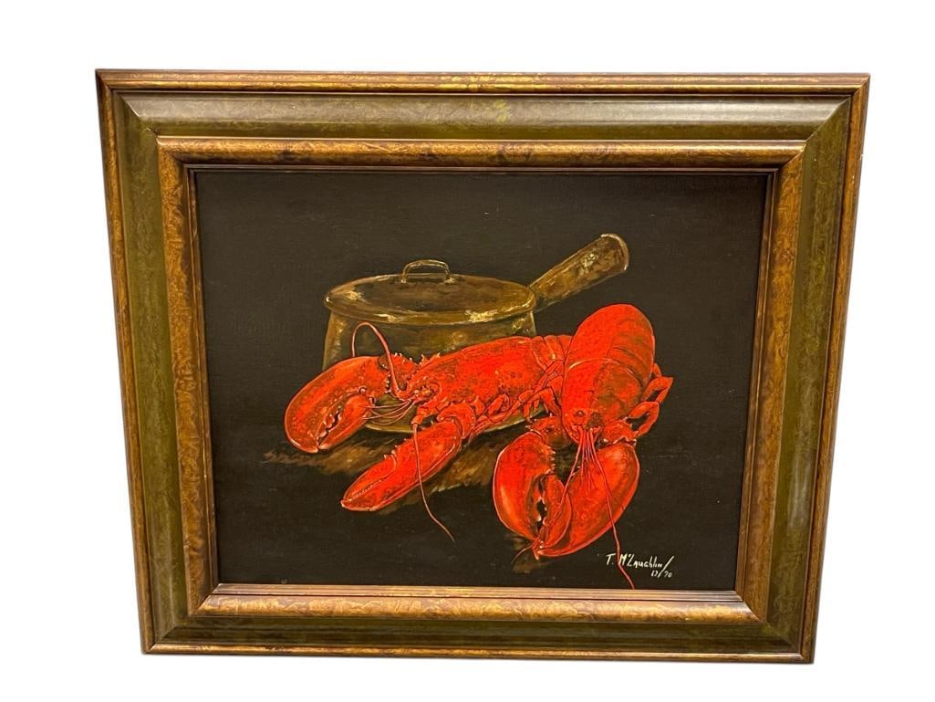 T. MCLAUGHLIN ORIGINAL OIL ON CANVAS OF LOBSTERS AND POT DATED 1970 (1 of 8)