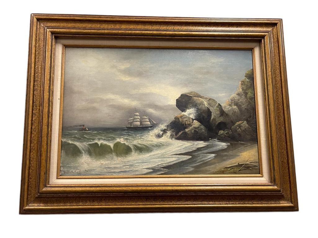 MARKE E. HUNTINGTON LATE 19TH CENTURY OIL ON CANVAS SEASCAPE MOUNTED ON MASONITE BOARD: ART DEPICTS SEASCAPE OF WAVES CRASHING ON ROCKS WITH STEAM SHIP AND SAILING SHIP IN THE BACKGROUND, SIGNED LOWER LEFT DATED 1887, ART HAS BEEN DONE ON CANVAS AND MOUNTED TO MASONITE BOARD TO BE PRESER