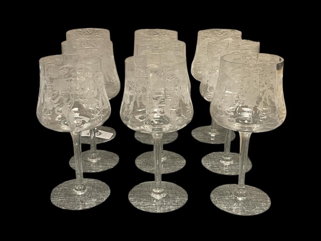 CAMBRIDGE MARJORIE FUCHSIA ETCHED CRYSTAL WATER / WINE GOBLETS 10 OZ. SET OF NINE: THREE HAVE CHIP ON THE RIM 7 1/4" H