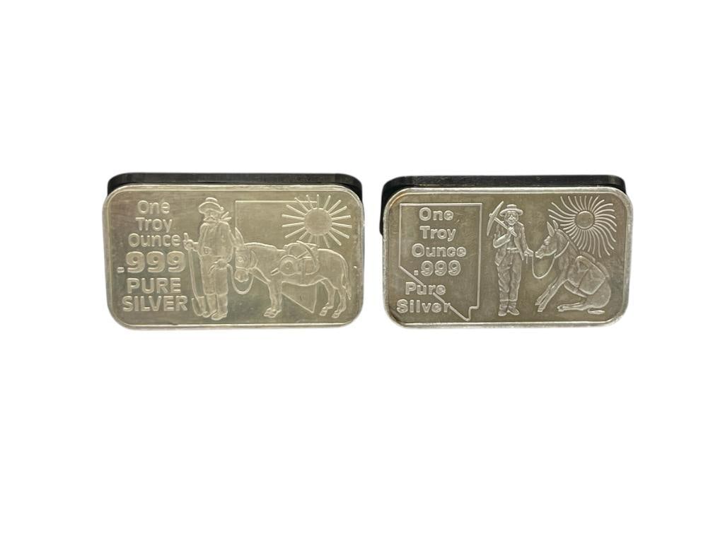 TWO NEVADA PROSPECTOR THEMED .999 FINE SILVER ART BARS BY NEVADA COIN MART (1 of 7)