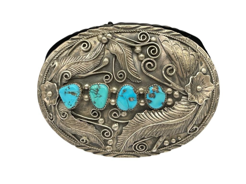 VINTAGE NAVAJO ARTIST SIGNED JAMES MASON STERLING SILVER TURQUOISE BELT BUCKLE SIGNED "JM" (1 of 8)