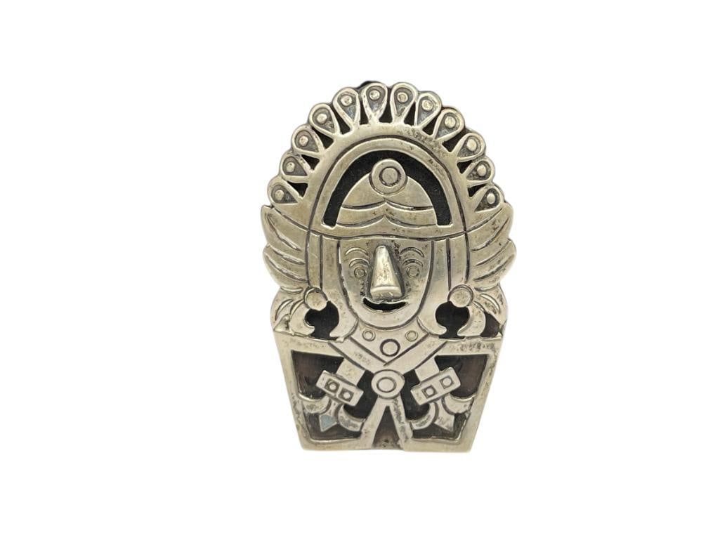 VINTAGE TAXCO MEXICO TUMI INCAN CEREMONIAL AXE PENDANT / BROOCH: CAN BE WORN AS EITHER OR, PIERCED DESIGN, HALLMARKED 2", 15.32 GRAMS