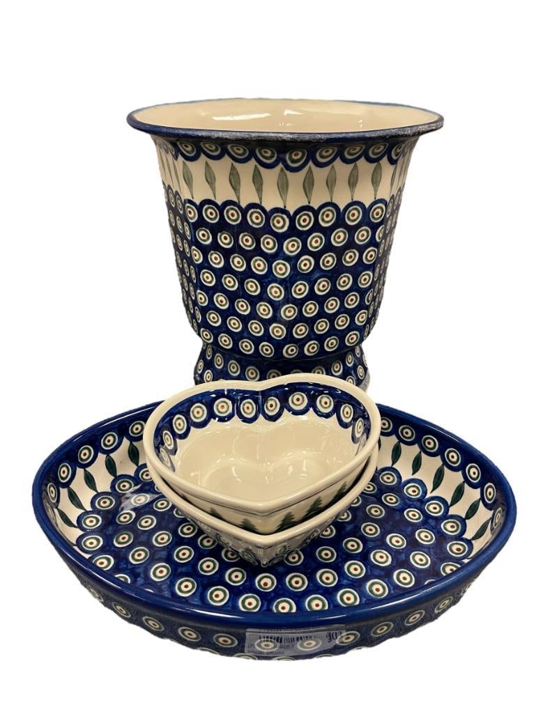 BOLESLAWIEC POLISH POTTERY PEACOCK VASE, SERVING DISH, AND HEART-SHAPED BOWLS (1 of 10)