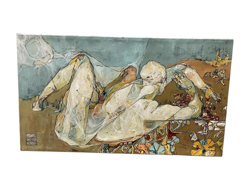 KATE ERIC SAN FRANCISCO ARTIST ABSTRACT OIL AND ACRYLIC PAINITNG ON CANVAS: ART DEPICTS ABSTRACT OF NUDE FIGURE LYING DOWN, SIGNED LOWER LEFT, UNFRAMED 32" X 18"