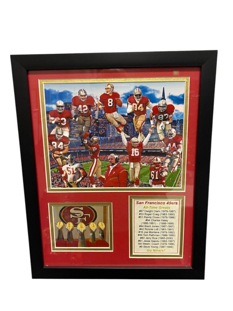 SAN FRANCISCO 49ERS ALL-TIME GREATS PHOTO COLLAGE: COLLAGE FEATURES PHOTO OF PLAYERS DWIGHT CLARK, RONNIE LOTT, JOE MONTANA, ROGER CRAIG, AND OTHER PLAYERS WITH STADIUM IN THE BACKGROUND, FRAMED 12 1/2" X 15 1/2" FRAME