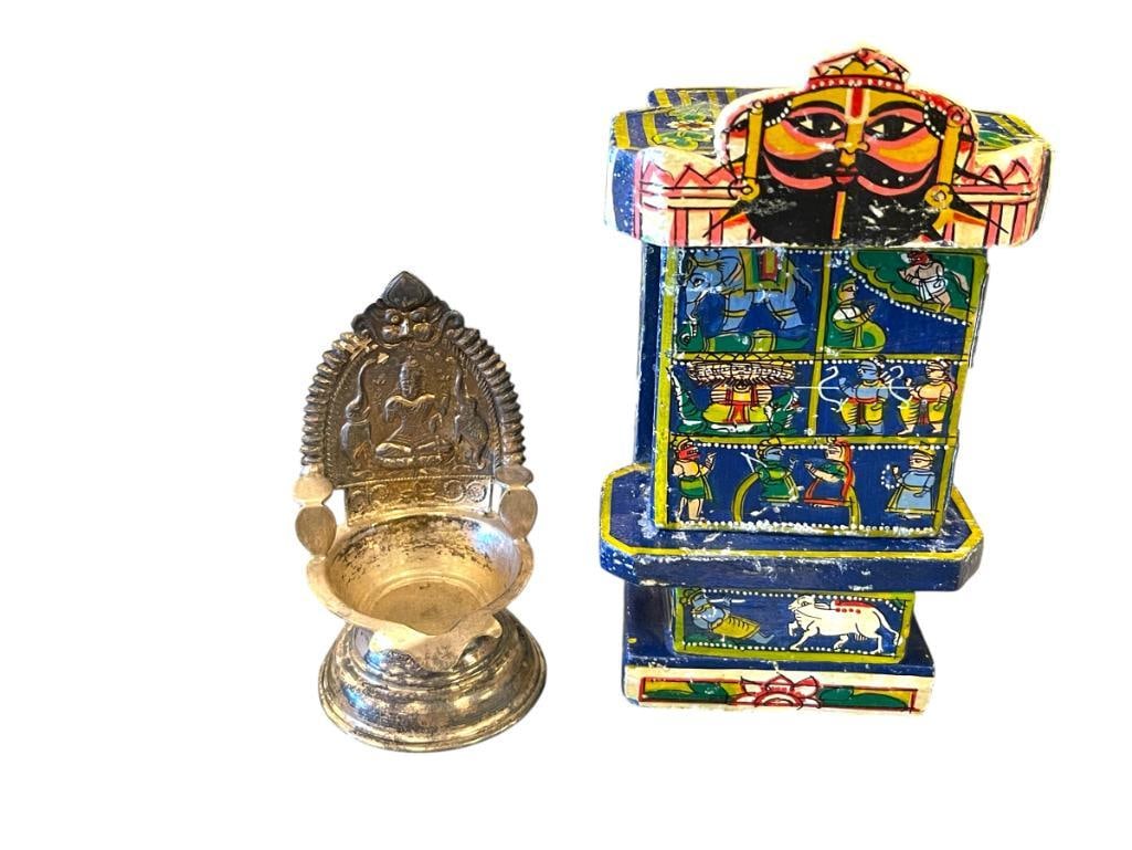 RAJASHTANI KAVAD MULTICOLOR PORTABLE SHRINE AND KAMAKSHI DIYA DEEPAM / OIL LAMP: HAND CRAFTED PORTABLE SHRINE WITH VIBRANT COLORS, MISSING INTERIOR DOOR, PLUS HAND MADE SILVER OIL LAMP WITH SEATED BUDDHA PANEL 4" AND 6 1/2" H
