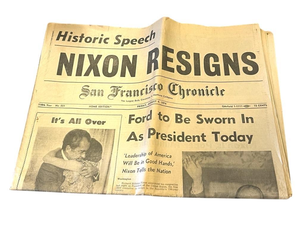 AUGUST 9, 1974 SAN FRANCISCO CHRONICLE NIXON REIGNS NEWSPAPER (1 of 9)