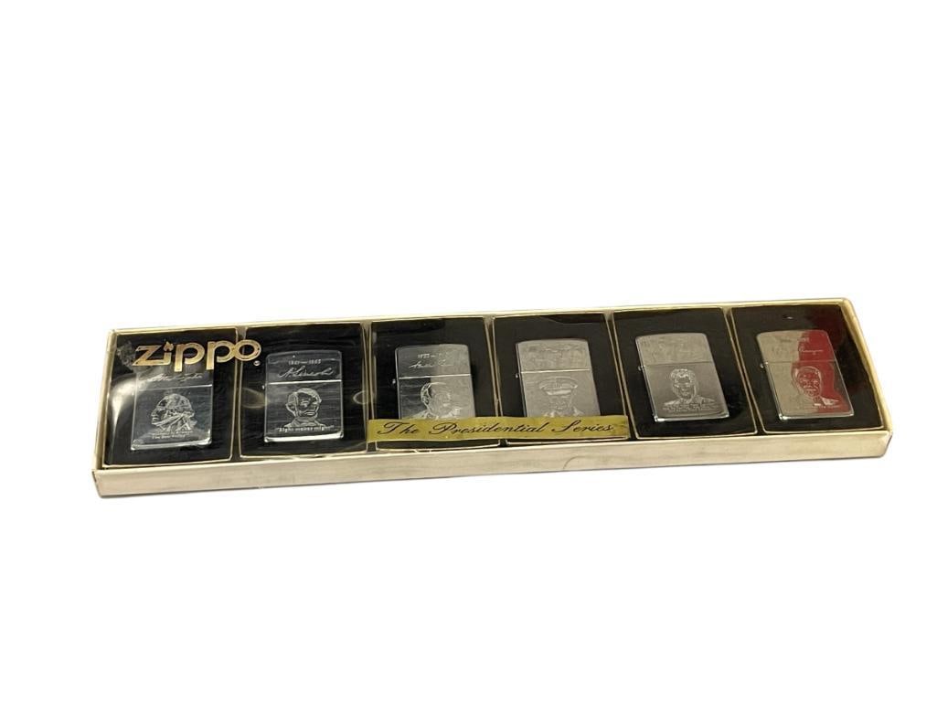 SIX LASER ENGRAVED ZIPPO PRESENDENTIAL LIGHTERS: KENNEDY, WASHINGTON, LINCOLN, REGAN, ROOSEVELT, AND EISENHOWER, IN ORIGINAL PACKAGE, EACH HAS PORTRAIT OF PRESIDENT WITH YEARS SERVED 2 1/8"