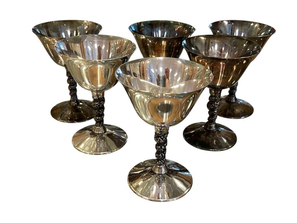 SET OF SIX VALERO SPAIN SILVER PLATE OVER BRASS GOBLETS WITH WRAPPED FOLIATE STEMS: MAKER'S MARK ON BOTTOM OF EACH 5"