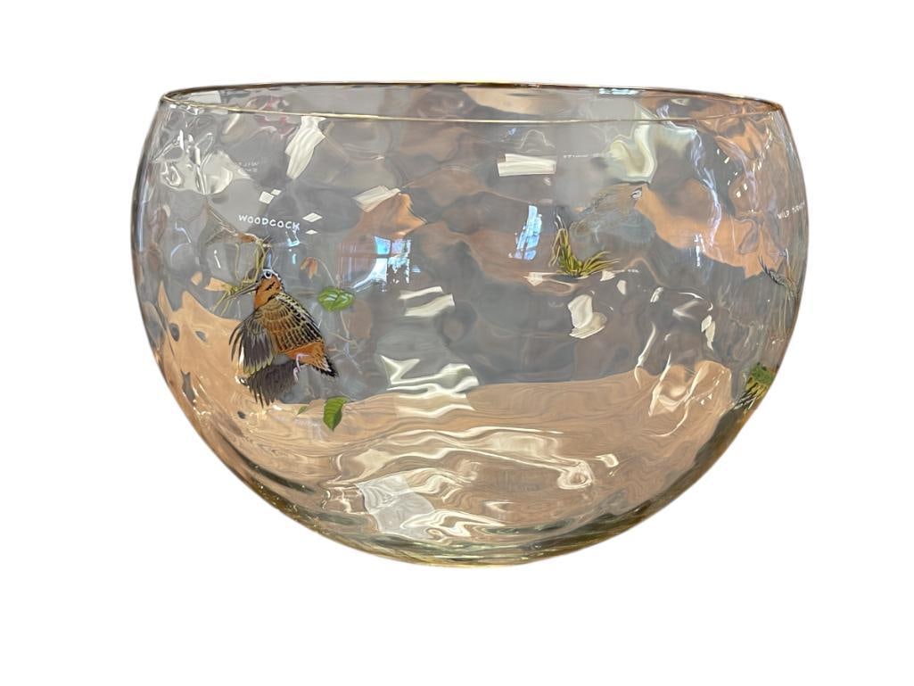 VINTAGE OPTIC TRANSFER DECORATED WILDLIFE / BIRD MOTIF PUNCHBOWL: COLORED ILLUSTRATIONS OF WILD TURKEY, BOB-WHITE, WILSON'S SNIPE, AND WOODCOCK, WITH GILT RIM, NO CHIPS 11" ROUND, 8" H