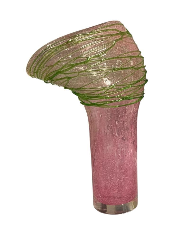 UNIQUE SIMONE CENEDESE VENETIAN MURANO ART GLASS ABSTRACT VASE: PINK AND CLEAR UNIQUE SCULPTED VASE WITH APPLIED GREEN BLUE FOLIAGE, ORIGINAL LABEL NEAR BOTTOM EDGE, NO CHIPS OR REPAIRS 8 1/2" H
