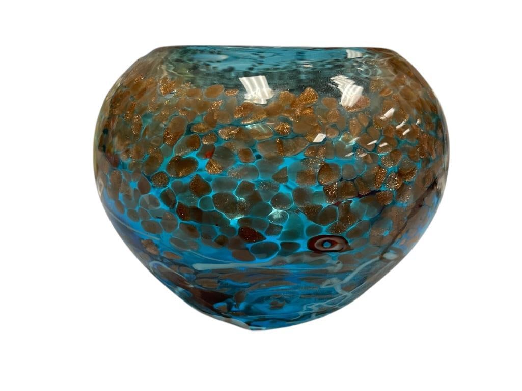 VIZ GLASS INC HAND BLOWN ART GLASS AQUA MILLEFIORI BOWL (1 of 9)