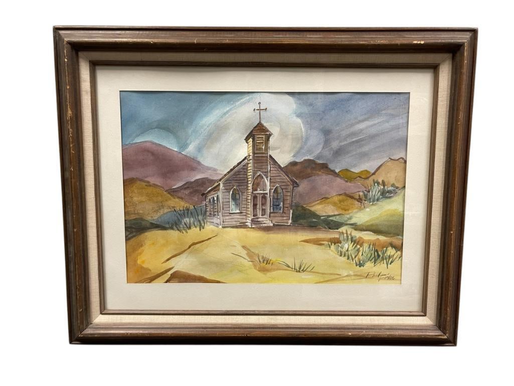 PAUL FIRDEN CARSON CITY, NV ARTIST ORIGIANL WATECOLOR ON PAPER OF OLD CHURCH IN DAYTON, NV: PAUL FIRDEN (1904-1989) IS AN ARTIST WHO MOVED TO NEVADA IN 1966, WON NEVADA DAY FIRST PLACE AWARD IN 1968, WATERCOLOR DEPICTS OLD CHURCH IN DAYTON, NV WITH MOUNTAINS IN THE BACKGROUND, SIGNED LO