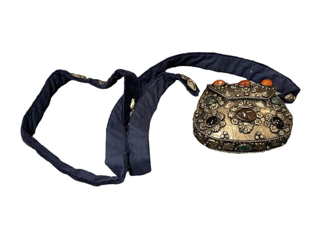 VINTAGE SAJAI SILVER TONED AND GEMSTONE HANDCRAFTED PURSE WITH FABRIC SHOULDER STRAP: GOOD CONDITION 5" X 4" X 2 1/4", 48" STRAP