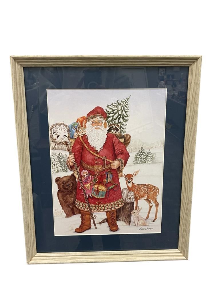 NADINE HARPER WOODLAND SANTA CLAUS PRINT: DEPICTS SANTA CLAUS AMONG THE WOODLAND WILDLIFE, ISSUED IN 1991, FRAMED AND MATTED 17 1/2" X 22" FRAME