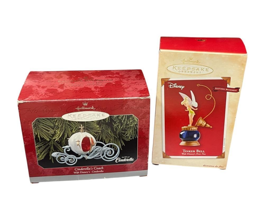 TWO HALLMARK HOLIDAY KEEPSAKE ORNAMENTS INCLUDING TINKER BELL AND CINDERELLA'S COACH: BOTH FROM THE WALT DISNEY COLLECTION, BOTH INCLUDE ORIGINAL BOXES, TINKER BELL FEATURES MOVEMENT 