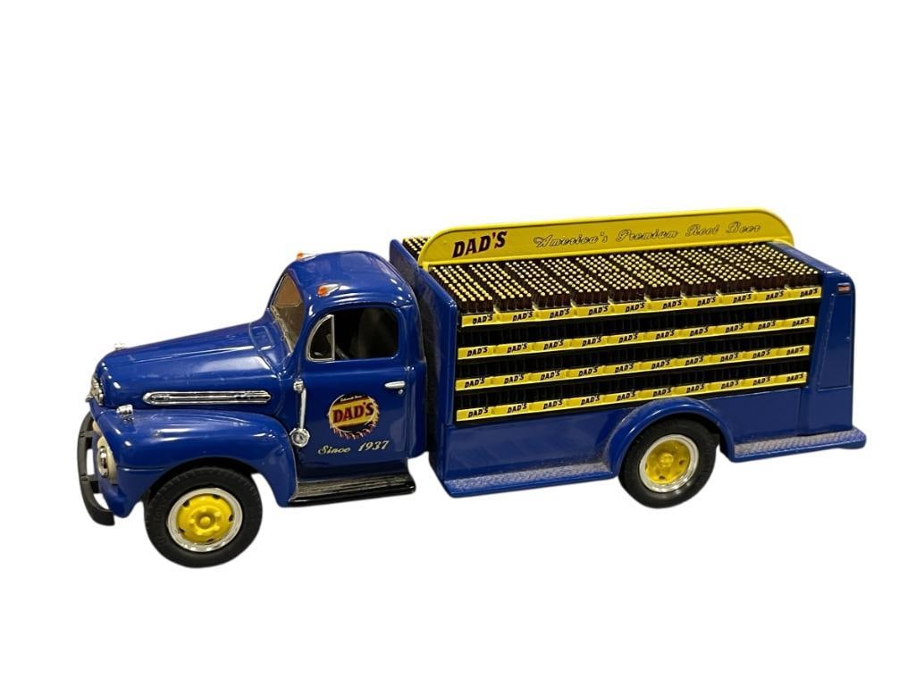 1992 FIRST GEAR DIE-CAST 1951 FORD DAD'S ROOT BEER ADVERTISEMENT DELIVERY TRUCK: CLASSIC DAD'S ROOT BEER DESIGN, 1:34 SCALE, GOOD CONDITION 8" L