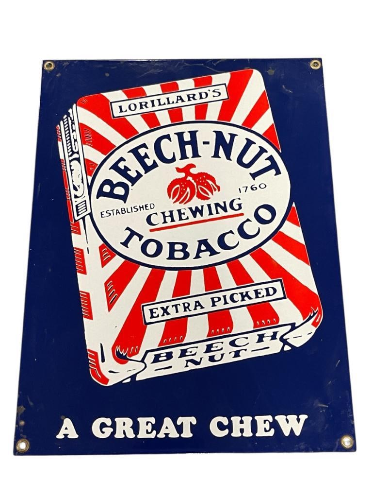 VINTAGE 1930'S BEECH-NUT TOBACCO PORCELAIN COATED TIN SIGN "A GREAT CHEW": FEATURING DEEP BLUE, RED, AND WHITE DESIGN, SINGLE SIDED 9" X 12"