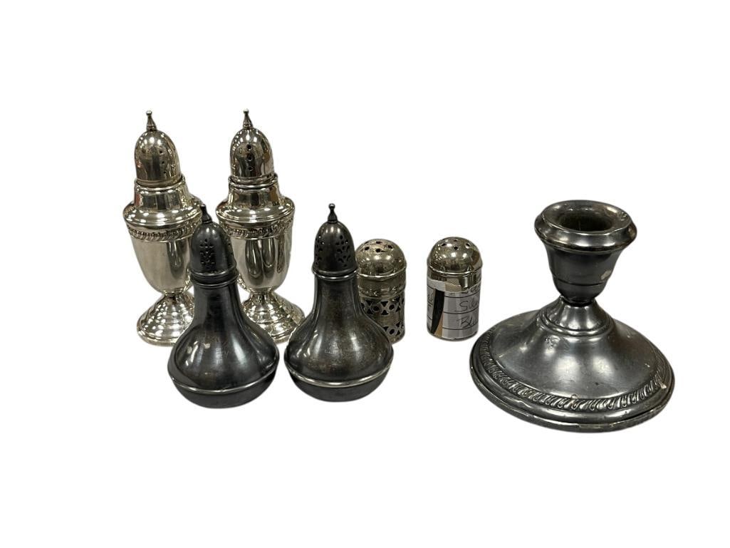 ANTIQUE STERLING SILVER TABLEWARE INCLUDING THREE SETS OF SALT AND PEPPERS SHAKERS AND CANDLESTICK: ONE PAIR OF SHAKERS IS SILVERPLATED AND FEATURE COBALT BLUE GLASS INSERTS, ALL PIECES ARE HALLMARKED INCLUDING WALLACE, AND HAMILTON, ALL PIECES ARE WEIGHTED LARGEST ARE 4 1/2" H