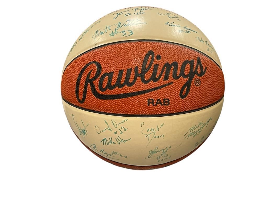LATE 1980'S UNIVERSITY OF NEVADA RENO WOLFPACK BASKETBALL AUTOGRAPHED TEAM BALL: INCLUDES COACH LEN STEVENS, JON BAER, MIKE HONEYCUTT, MATT WILLIAMS, AND MORE, SIGNED ON RAWLINGS RAB TWO TONE BASKETBALL, MARKED "BUILDERS ASSOCIATION OF NORTHERN NEVADA"