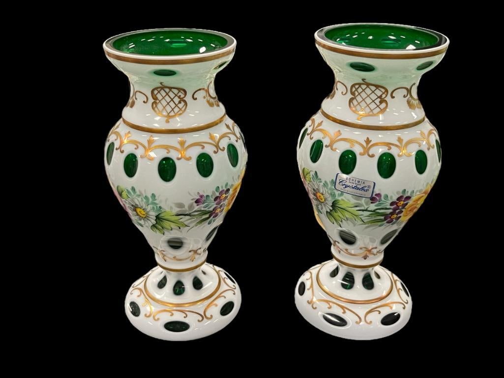 PAIR OF BOHEMIAN HAND MADE CRYSTALEX WHITE OVERLAY CUT TO EMERALD GREEN GLASS VASES: INCLUDES MAKER'S LABEL, NO CHIPS OR CRACKS 8" H 