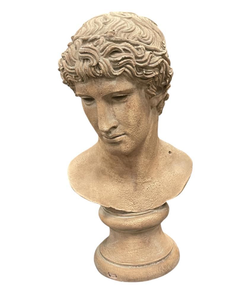 VINTAGE 1980'S AUSTIN PRODUCTIONS NEOCLASSICAL GREEK MALE BUST "HEAD OF A VICTORIOUS ATHLETE": MARKED ON BACK, HAS CHIP IN BASE 17 1/2" H