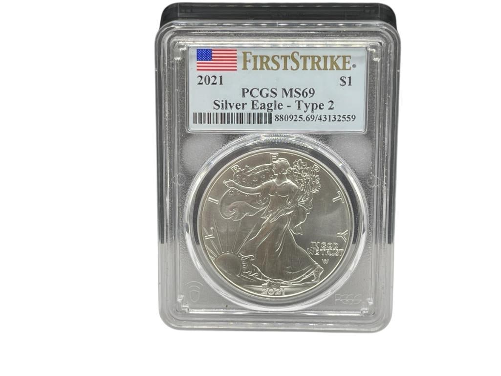 2021 AMERICAN SILVER EAGLE .999 FINE SILVER DOLLAR TYPE 2 PCGS MS69 FIRST STRIKE (1 of 7)